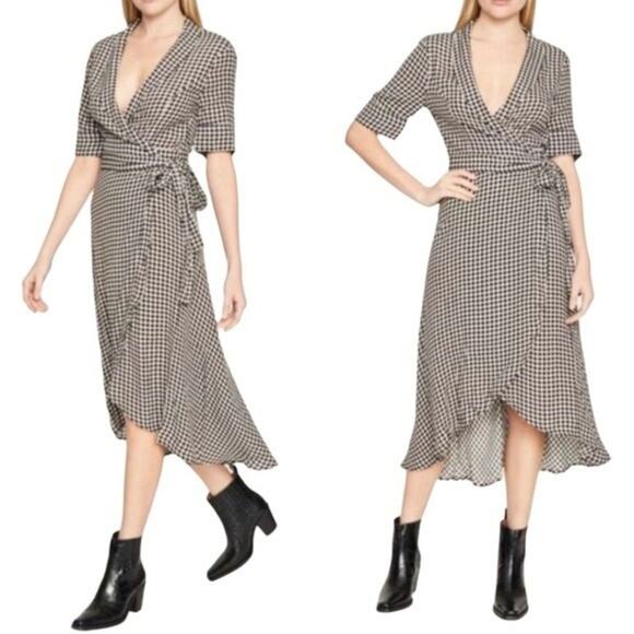 GANNI Checked Gingham Black & Ivory Printed Crepe Midi Wrap Dress Size US 4 - Picture 1 of 14